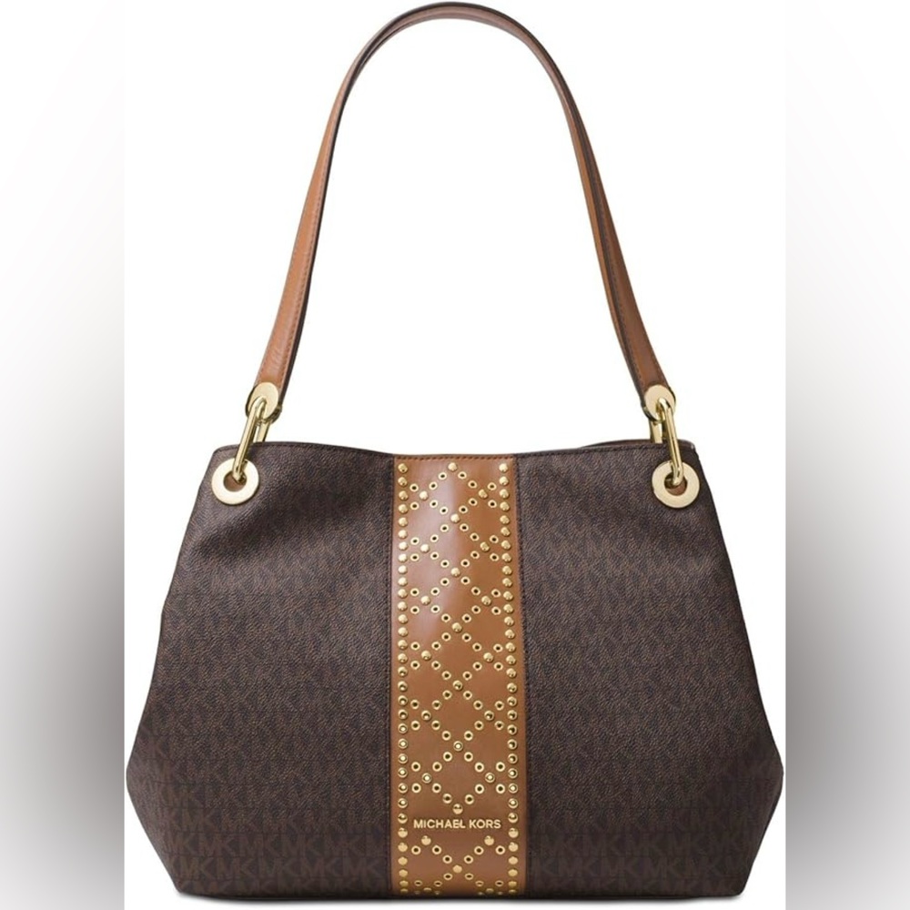 Michael Kors Brown and Tan Shoulder Bag with Studded Detail